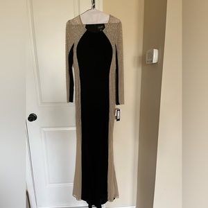Xscape black formal dress with mesh sleeves and rhinestones
